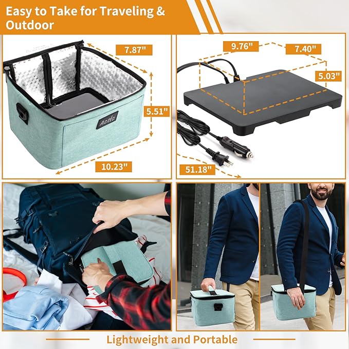Aotto Portable Electric Lunch Box Food Heater, 12V/24V/110V 3-in-1 Car Food Warmer Heated Lunch Box for Adults, Cook, Reheat & Keep Meals Warm for Car, Truck, Travel, Work, Home - Lake Green