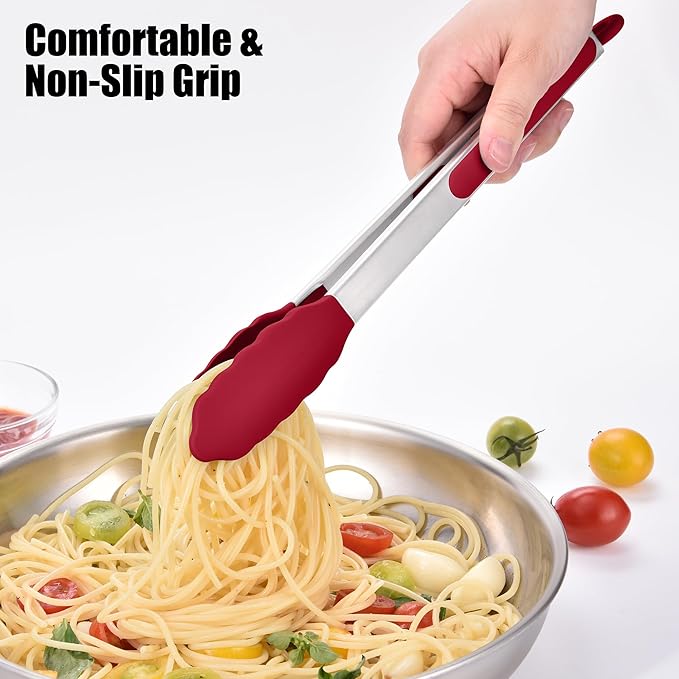 Doosu Kitchen Tongs for Cooking - 600°F Heat Resistant Food Tong with Non-Scratch Silicone Tips, Heavy Duty Stainless Steel Locking Tong for BBQ, Grilling Steak, Serving Salad, Pasta (12in, Red)
