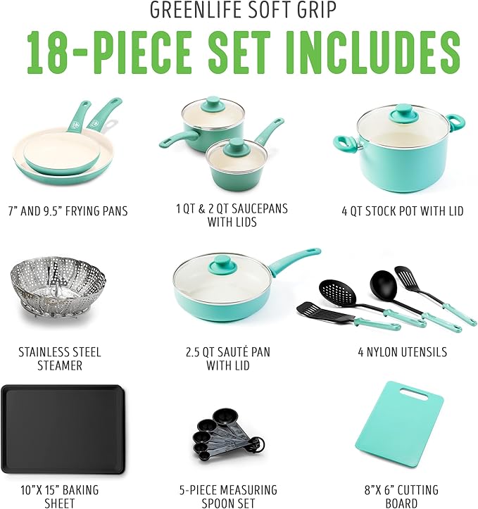 GreenLife Soft Grip Healthy Ceramic Nonstick 18 Piece Kitchen Cookware Pots and Frying Sauce Saute Pans Set, PFAS-Free with Kitchen Utensils and Lid, Dishwasher Safe, Turquoise