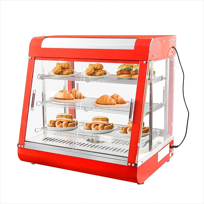 Whalefall 3-Tier Food Warmers Countertop, 27 inch Commercial Warm for Food Pizza Warmer w/ 3D Heating with Stainless Frame Sliding Glass Doors Pastry Display Case for Buffet Restaurant,Red