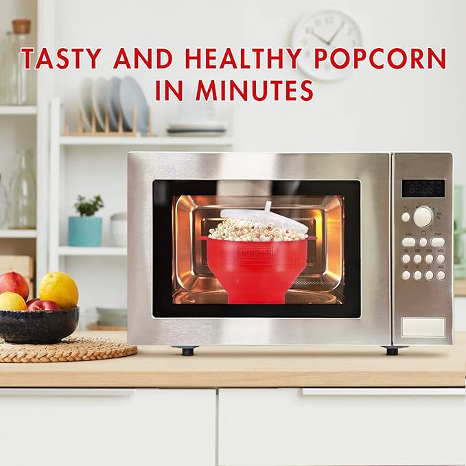 The Original Korcci Microwaveable Silicone Popcorn Popper, Microwave Popcorn Popper, Collapsible Microwave Popcorn Maker Bowl, No Oil Required, Use In Microwave, Dishwasher Safe (Red)