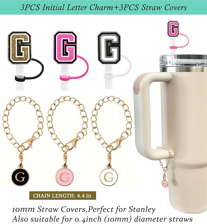 （3 +3) 3PCS Nuozme Straw Cover 10mm For Stanley Tumbler Cup Reusable Straw Cap Topper with 3 Initial Letter Charms Accessories Name ID Personalized Handle Charm For Stanley 30&40 Oz Cup Tumbler