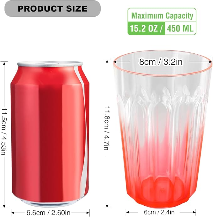 Plastic Drinking Glasses Set of 8, Plastic Cups Reusbale Tumblers for Kitchen Camping, Water Cup Set with Gradient Color, Unbreakable Bathroom Cups, BPA Free, Dishwasher Safe, 15.2oz, 4 Colors,8 Pack