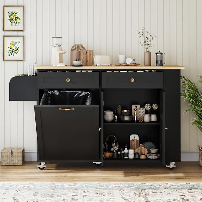 60'' Rolling Kitchen Island with Drop Leaf, Storage Islands Cart with Tilt Out Trash Can Cabinet, Rubber Wood Tabletop, Knife Holder, Wheels, Black