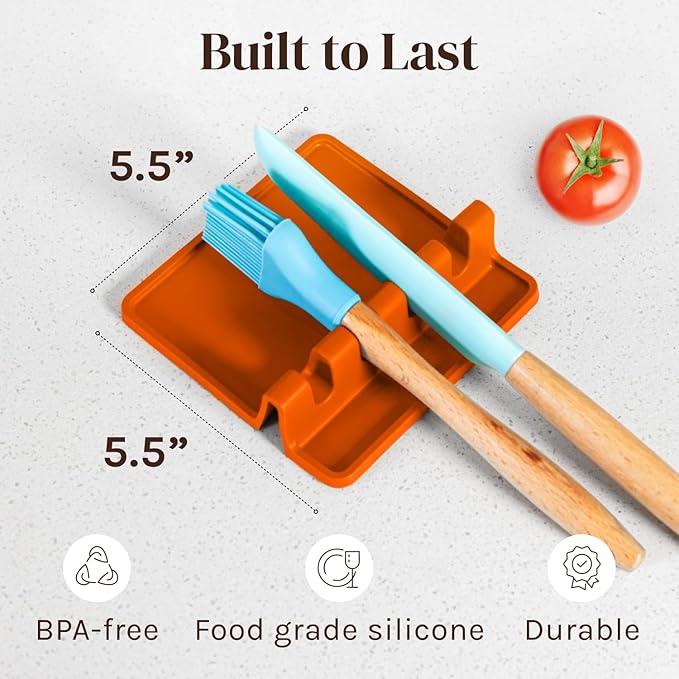 Orange Silicone Spoon Rest for Stove Top with Drip Pad (Two Pack) - Heat Resistant BPA Free Utensil Rest & Spoon Holder for Kitchen Counter - Grill Utensil Holder - Spatula Holder, Tongs, Ladle