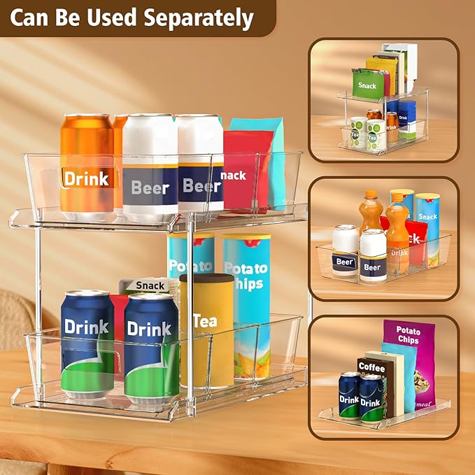 Pull-out Home Organizer, 3 Pack 2 Tier Clear Bathroom Organizer with Dividers, Multipurpose Vanity Counter Tray, Kitchen, Closet Organizers, Cabinet & Storage Container Bins