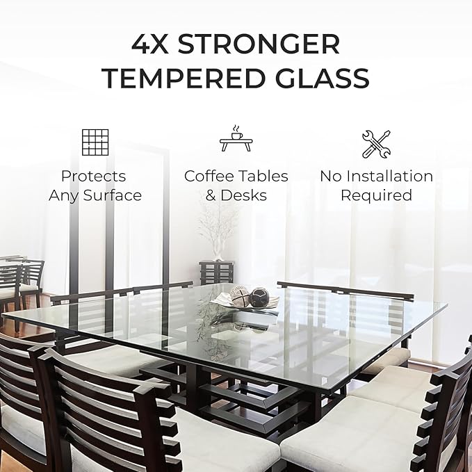 Fab Glass and Mirror Tempered Glass Table Top 24x48 Inch Rectangle 1/4" Thick Clear Furniture Protector with Flat Polish Edge Eased Corners for Coffee Dining Tables Desks