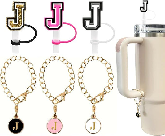 （3 +3) 3PCS Nuozme Straw Cover 10mm For Stanley Tumbler Cup Reusable Straw Cap Topper with 3 Initial Letter Charms Accessories Name ID Personalized Handle Charm For Stanley 30&40 Oz Cup Tumbler