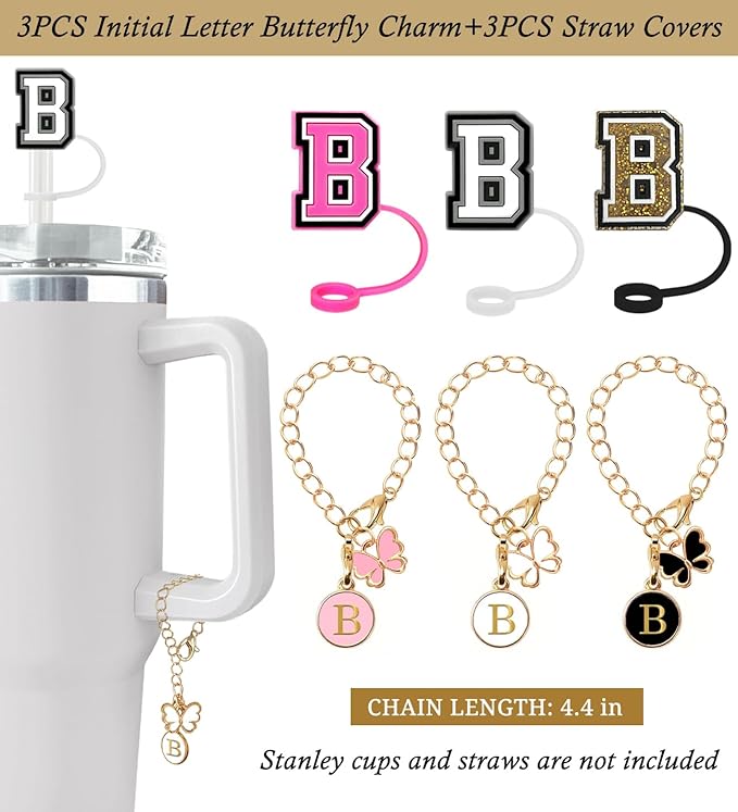 （3 +3) Nuozme Straw Cover Compatible with Stanley Tumbler Cup 3PCS Letter Straw Caps Toppers with 3 Initial Butterfly Charms Name ID For Stanley 30&40 Oz Cup