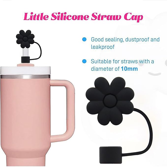 Flower Straw Cover Cap for Stanley Cup Silicone Straw Topper Compatible with 30&40 Oz Tumbler, 4pcs Black Flower