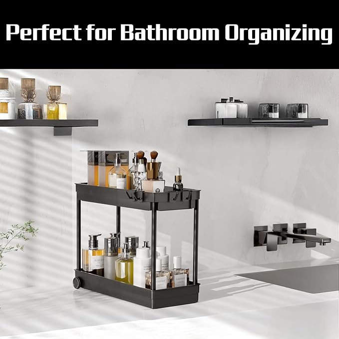 Under Sink Organizer, Under Cabinet Basket Organizer Drawer with Hooks, Bathroom Standing Rack, Multi-purpose Storage Shelf, Black
