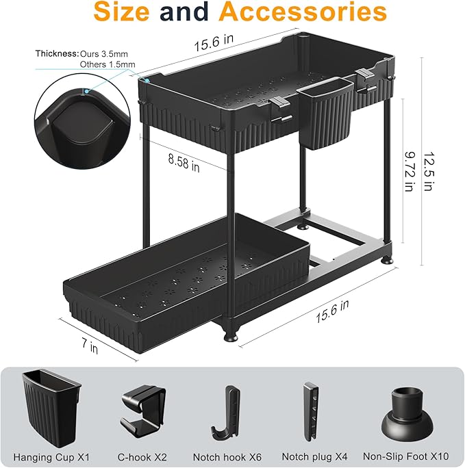 3 Pack Multi-Purpose Under Sink Organizers and Storage (Black-2 Pack, 15.6 inches)