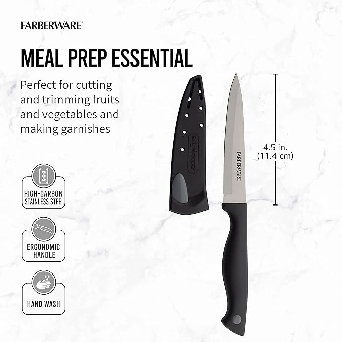 Farberware Edgekeeper 4.5-Inch Fine Edge Utility Knife with Self-Sharpening Blade Cover, High Carbon-Stainless Steel Kitchen Knife with Ergonomic Handle, Razor-Sharp Knife, Black