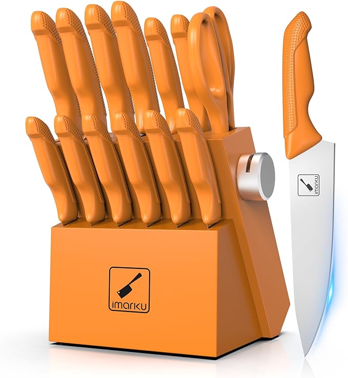 imarku® Knife Set, Sharp Block Knife Set with Built-in Sharpener, Japanese Stainless Steel with Non-Slip Ergonomic Handle, Dishwasher Safe, Kitchen Gift for Man Woman, Best For Home gift, Burnt Orange