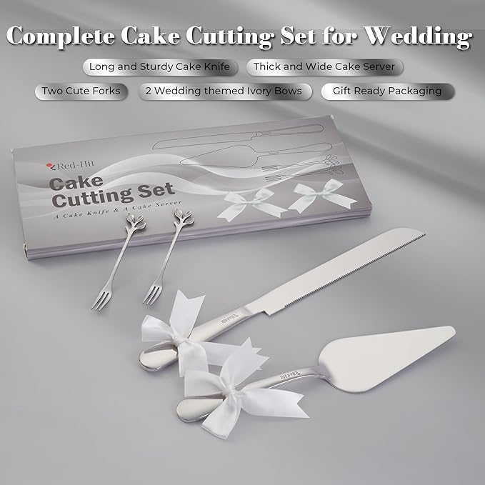 Wedding Cake Cutting Set, Elegant Wedding Cake Knife and Server Set with Thick Stainless Steel Wide Handle, Cake Cutting Set for Wedding Anniversary Christmas, Cake Cutter, 2 Cute Forks and Bows