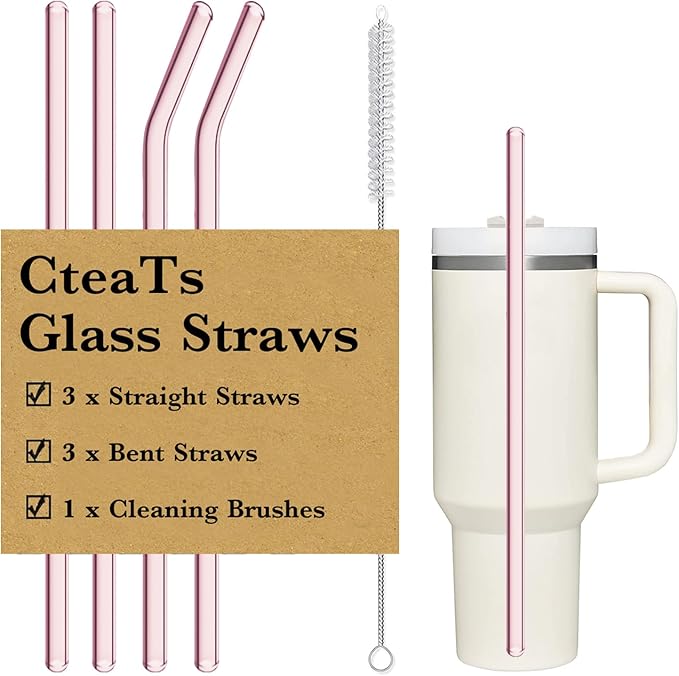 Replacement Straw Compatible with Stanley 40 oz Tumbler Straws, 4 Pcs Reusable Straws with Cleaning Brush, Long Glass Straw for Stanley Accessories, Pink
