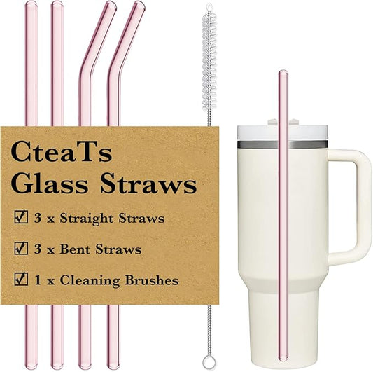 Replacement Straw Compatible with Stanley 40 oz Tumbler Straws, 4 Pcs Reusable Straws with Cleaning Brush, Long Glass Straw for Stanley Accessories, Pink