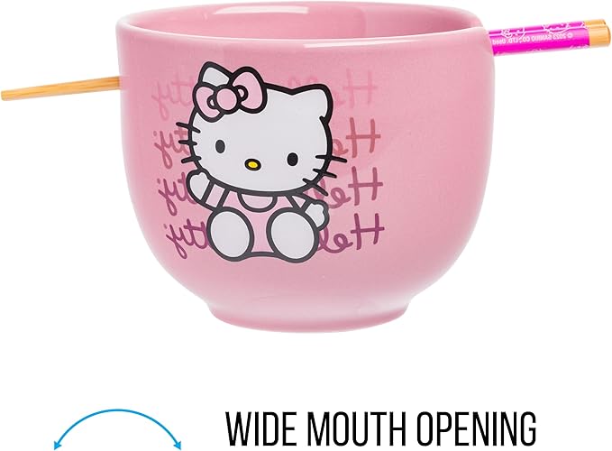 Silver Buffalo Sanrio Hello Kitty Waving Pink Ceramic Ramen Noodle Rice Bowl with Chopsticks, Microwave Safe, 20 Ounces,