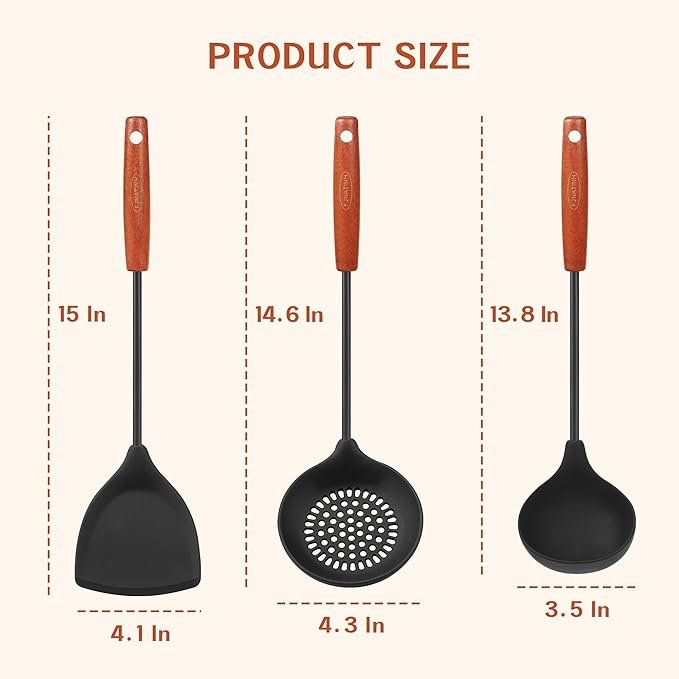 FJNATINH Wok Tools, Wok Utensil,Wok Spatula,Ladle,Skimmer Tool Set,Non Stick Heat-Resistant Silicone Cooking Utensils BPA Free Kitchen Utensils Cookware, Pack of 3,Black