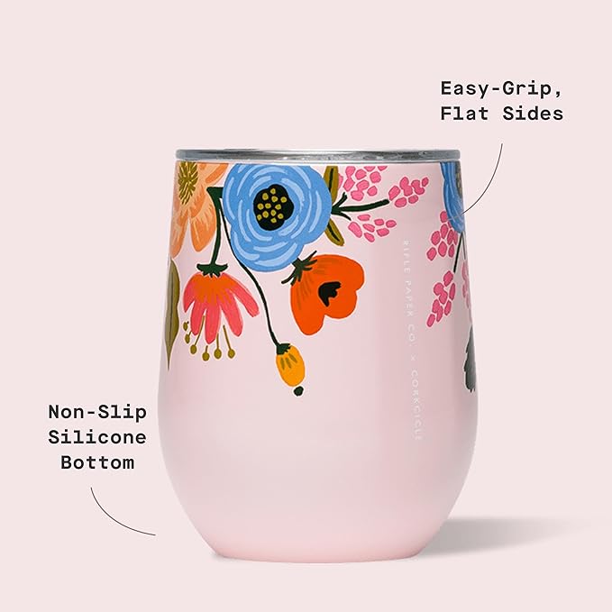 Corkcicle Stemless Insulated Wine Glass Tumbler - Keeps Beverages Cold 6 Hrs Hot 3 Hrs - Stainless Steel - Easy-Grip - Gift for Mom - Great for Mother's Day or Christmas - 12 oz - Blush Lively Floral