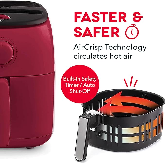 DASH Tasti-Crisp™ Electric Air Fryer Oven, 2.6 Qt., Red – Compact Air Fryer for Healthier Food in Minutes, Ideal for Small Spaces - Auto Shut Off, Analog, 1000-Watt