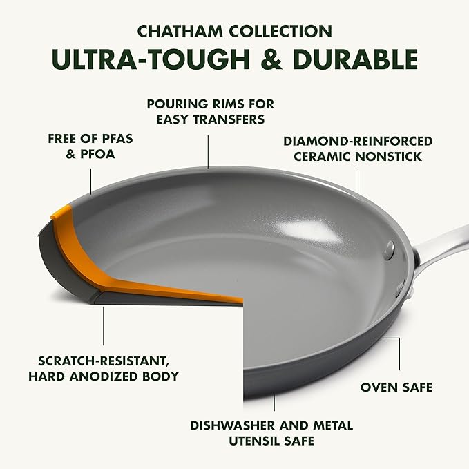 GreenPan Chatham Hard Anodized Healthy Ceramic Nonstick, 10" and 12" Frying Pan Skillet Set, PFAS-Free, Dishwasher Safe, Oven Safe, Gray