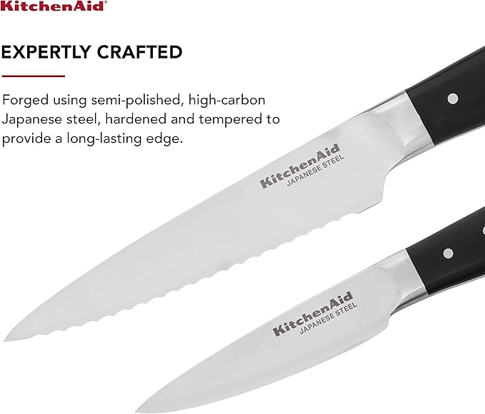KitchenAid Gourmet 2 Piece Forged Triple Rivet Knife Set, 4.5 inch Fine Edge Utility Knife and 3.5 inch Paring Knife Set, Sharp Kitchen Knives, High Carbon Japanese Stainless Steel, Black