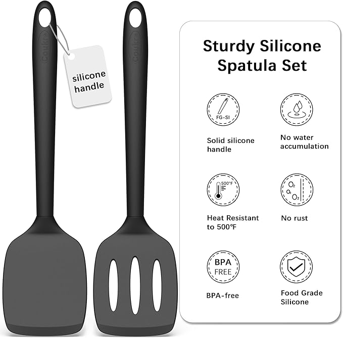 Coukre 2 Pack Silicone Spatula Set, High Heat Resistant, BPA Free Kitchen Spatula, Solid & Slotted Turner for Non-Stick Pans, Sautéing, and Flipping (2, PureBlack)