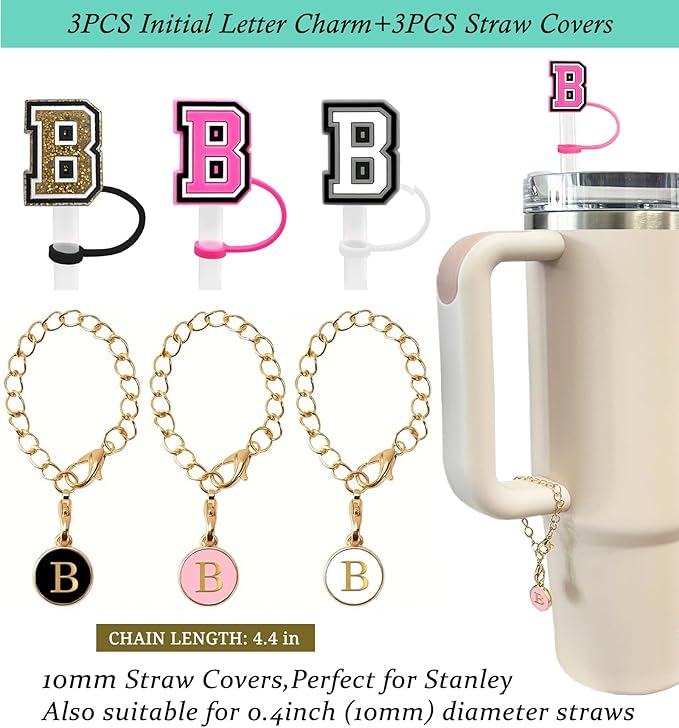 （3 +3) 3PCS Nuozme Straw Cover 10mm For Stanley Tumbler Cup Reusable Straw Cap Topper with 3 Initial Letter Charms Accessories Name ID Personalized Handle Charm For Stanley 30&40 Oz Cup Tumbler