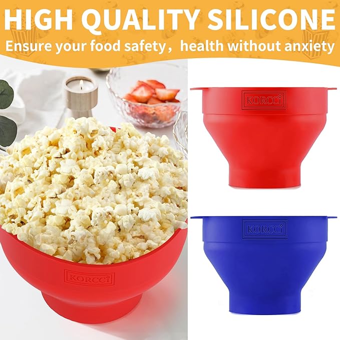 The Original Korcci Microwaveable Silicone Popcorn Popper, Microwave Popcorn Popper, Collapsible Microwave Popcorn Maker Bowl, No Oil Required, Use In Microwave, Dishwasher Safe (Blue+Red)