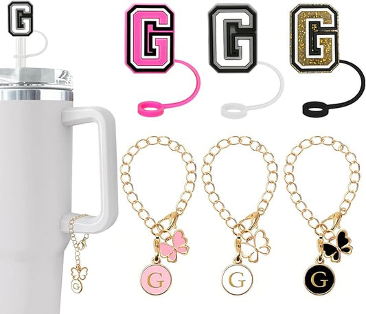 （3 +3) Nuozme Straw Cover Compatible with Stanley Tumbler Cup 3PCS Letter Straw Caps Toppers with 3 Initial Butterfly Charms Name ID For Stanley 30&40 Oz Cup