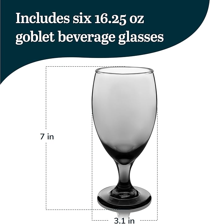 Libbey Classic Smoke Goblet Beverage Glasses, Set Of 6 Timeless Goblet Drinking Glasses - Dishwasher-Safe Glass Goblets for Wines, Smoothies & More