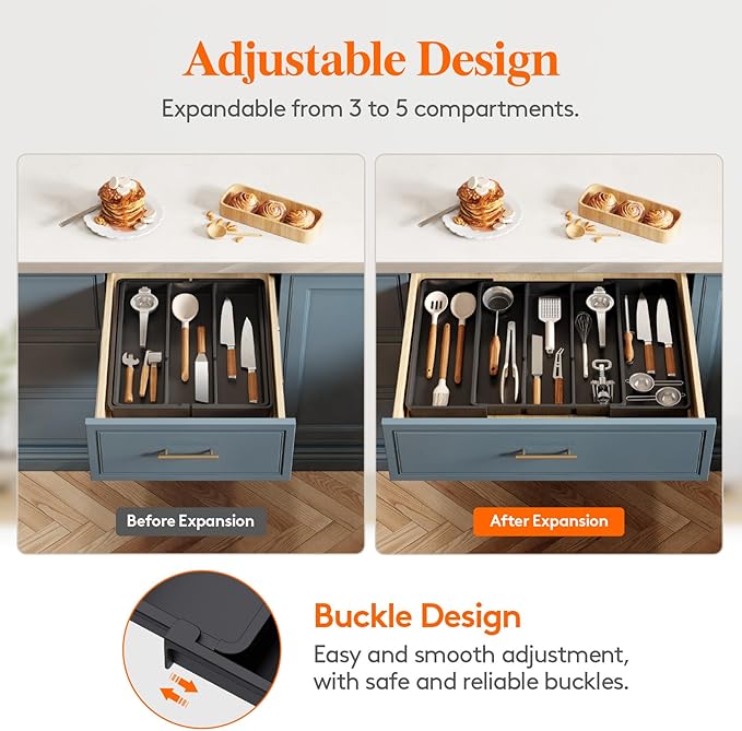 Lifewit Cooking Utensil Kitchen Drawer Organizer, Expandable from 16 to 28 inches, Plastic Cutlery Silverware Tray, Adjustable Spatula Holder, Flatware Tools Gadgets Storage Divider, XL,Black
