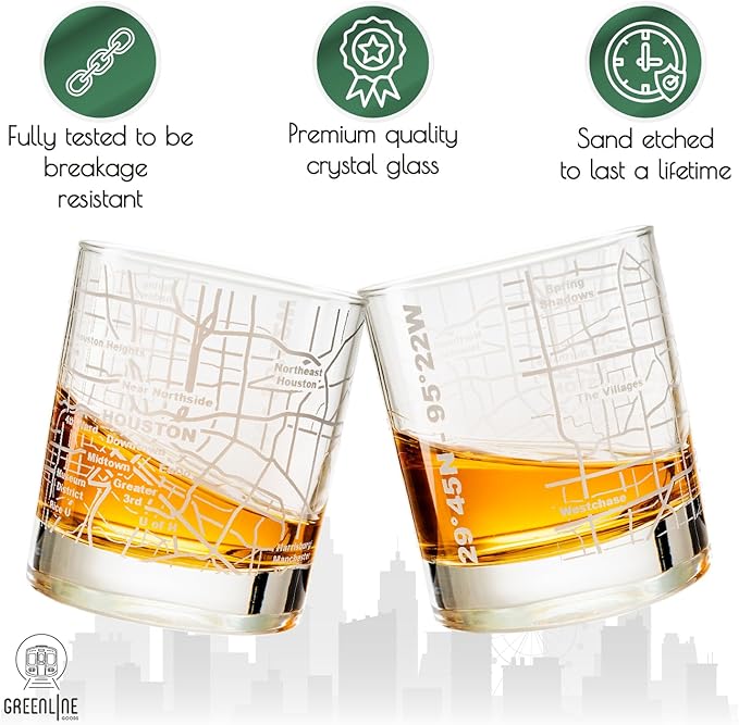 Greenline Goods Whiskey Glasses - 10 Oz Tumbler Gift Set for Houston lovers, Etched with Houston Map | Old Fashioned Rocks Glass - Set of 2