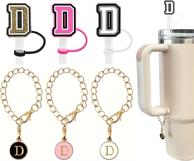 （3 +3) 3PCS Nuozme Straw Cover 10mm For Stanley Tumbler Cup Reusable Straw Cap Topper with 3 Initial Letter Charms Accessories Name ID Personalized Handle Charm For Stanley 30&40 Oz Cup Tumbler