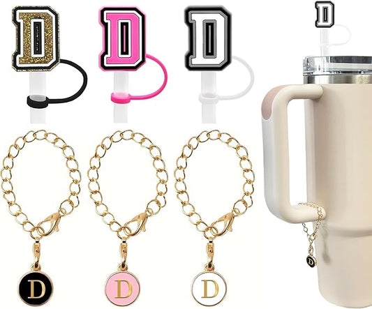 （3 +3) 3PCS Nuozme Straw Cover 10mm For Stanley Tumbler Cup Reusable Straw Cap Topper with 3 Initial Letter Charms Accessories Name ID Personalized Handle Charm For Stanley 30&40 Oz Cup Tumbler