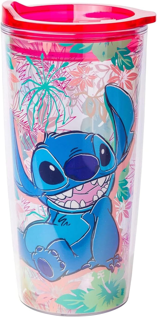 Silver Buffalo Disney Lilo and Stitch Floral Tropical Abstract Red Double Wall Travel Tumbler with Slide Close Lid, 20 Ounces