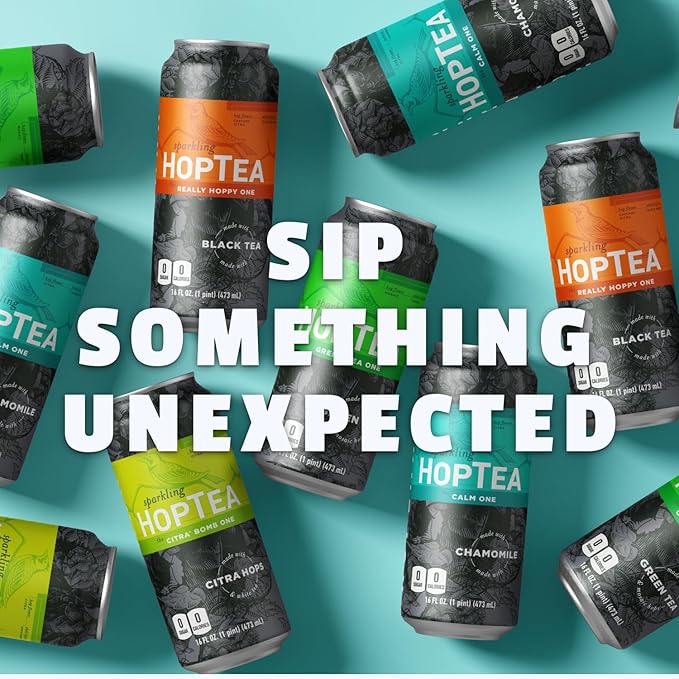 HOPLARK Sparkling HopTea – Sparkling Tea Sampler Featuring Green Tea, White, Black Tea and Chamomile – Zero Calorie – Unsweetened – Caffeinated and Caffeine-Free – 12 Pack 16oz Cans - The Core Mixed Pack