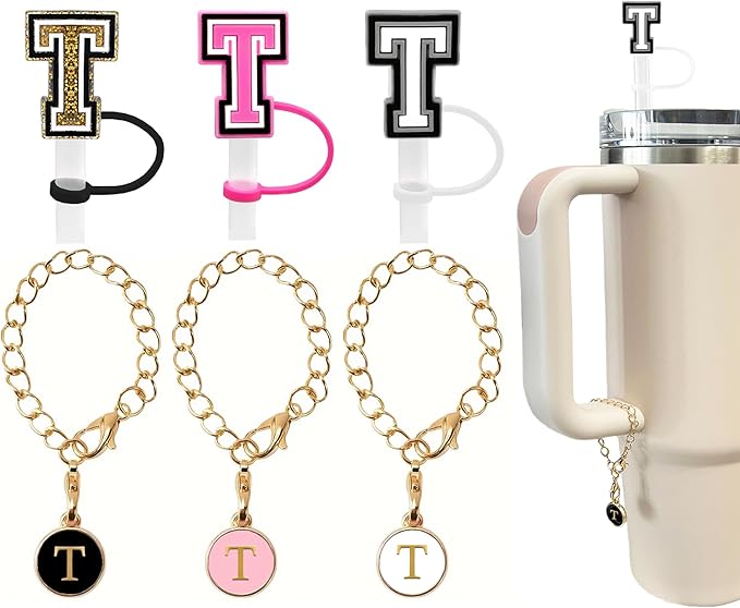 （3 +3) 3PCS Nuozme Straw Cover 10mm For Stanley Tumbler Cup Reusable Straw Cap Topper with 3 Initial Letter Charms Accessories Name ID Personalized Handle Charm For Stanley 30&40 Oz Cup Tumbler