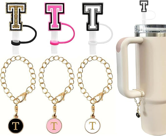 （3 +3) 3PCS Nuozme Straw Cover 10mm For Stanley Tumbler Cup Reusable Straw Cap Topper with 3 Initial Letter Charms Accessories Name ID Personalized Handle Charm For Stanley 30&40 Oz Cup Tumbler