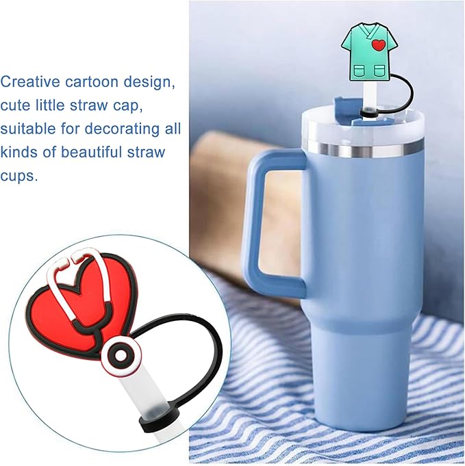 Nurse Straw Cover Cap for Stanley Cup,Straw Topper Compatible for 30 and 40 Oz Tumbler with Handle,10 mm 0.13 in. Reusable Straw Tip Lids