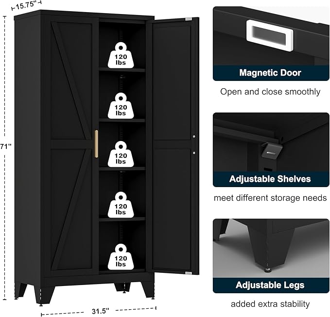 71" Tall Metal Storage Cabinet with 2 Doors and 4 Adjustable Shelves, 5-Tier Kitchen Pantry Storage Cabinet for Kitchen, Living Room, Dining Room and Office, Black