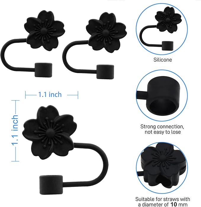 Flower Silicone Straw Cover Cap for Stanley Cup,Straw Topper 10mm 0.4in Dust-Proof Reusable Straw Tips Lids,Straw Tip Covers Gift for Party Decor (Black Cherry blossom 4pcs)