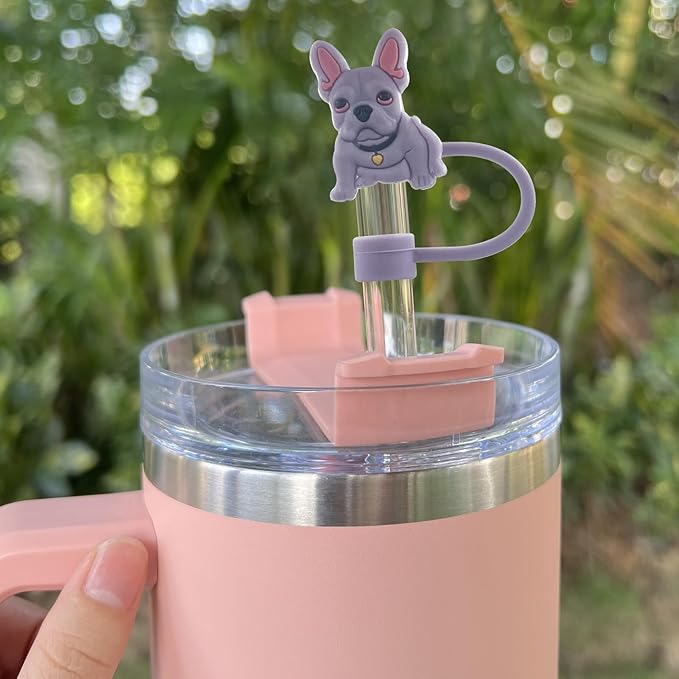 Velaco (5+2) 5PCS 0.4in/10mm Diameter Silicone Straw Covers Compatible with Stanley 20 30&40 Oz Cup and 2 PCS Dog Charm Accessories with Chains for Stanley 20 30 40 oz Tumbler with Handle