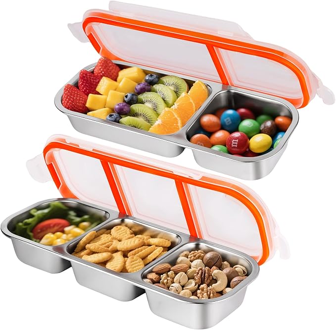 Stainless Steel Snackle Container For Adults, Reusable Bento Lunch Box Snack Containers, 2-3 Compartment Divided Food For Home Work Travel (2 Pack)