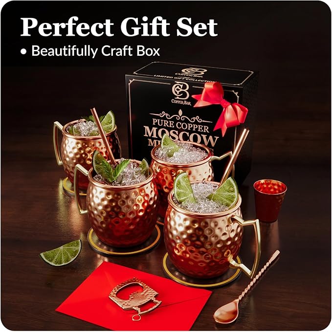Moscow Mule Copper Mugs - Unique HANDCREFTED Gift Set of 4, Hammered by Artisan, 100% Pure Solid Copper Cups 16oz for Drinking Water & Cocktails, Include 12 Pcs accessories & Special Opener