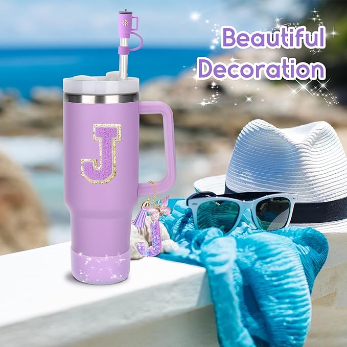 Mity rain 6PCS Cup Accessories Set for Stanley Cup 30oz 40oz tumbler with handle, Including Silicone Straw Topper Cover Cap and Boot, Spill Proof Stopper, Handle Charm, Initials Sticker (Letter J)