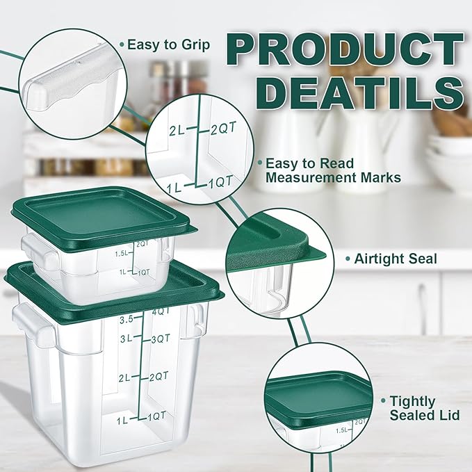 4 Pack 2QT & 4QT Food Storage Containers with Green Lids, Clear Square Commercial Food Storage Containers with Scales and Handles, BPA-Free Airtight Restaurant Container for Sourdough, Marinating Meat