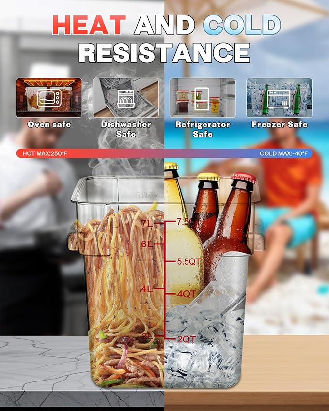 2QT4QT NSF Food Storage Containers: 6PCS [Food Grade][Hot&Cold Resistant] Commercial Clear Food Storage Containers with Lids for Restaurant Kitchen Proof Dough, Measuring Spoons Included(Red)