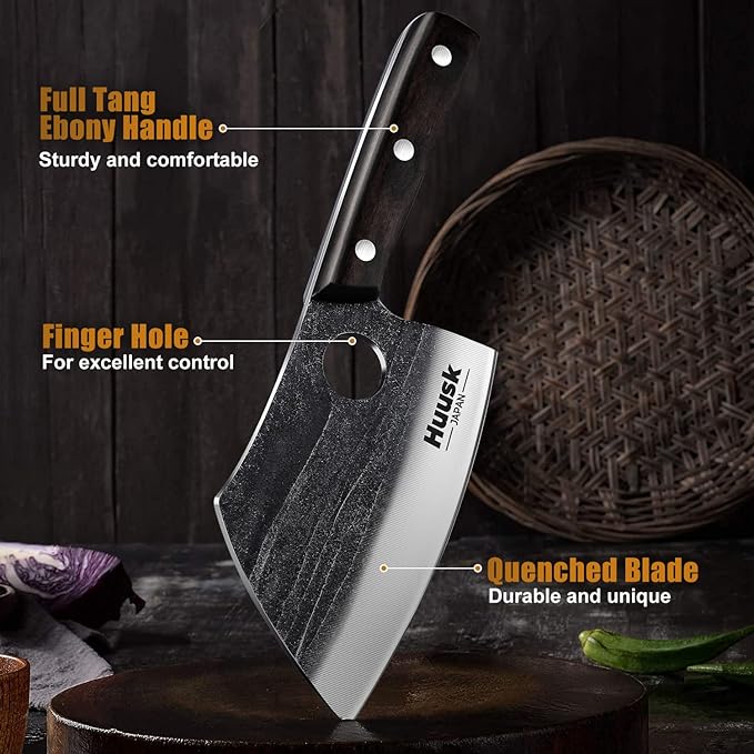 Huusk Serbian Chef Knife with Full Tang Handle Forged Butcher Knives for Meat Cutting Meat Cleaver Knife with Sheath for Halloween Kitchen Hunting or Camping Christmas Gift for Men and Women